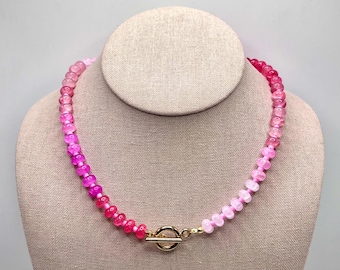 Pink Ombre Gemstone Necklace, Rondelle Bead Necklace, Gold Toggle Clasp Necklace, Pink Crystal Jewelry, Handmade Statement Necklace