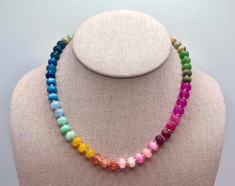 Handmade Rainbow Gemstone Beaded Necklace, 14K Gold Filled Accents, Bright Candy Gemstones, Dainty Everyday Jewelry