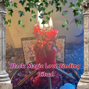May include: A burning red candle with a unique shape, surrounded by incense sticks and dried petals. The text "Black Magic Love Binding Ritual" is visible. The scene is framed by decorative columns and hanging greenery.