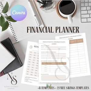 Puede incluir: Un planificador financiero con el texto "Financial Planner" en una fuente elegante. La imagen incluye plantillas para presupuestos y ahorros, junto con un bloc de notas, un bolígrafo y una taza de café. El planificador está diseñado para la organización financiera.