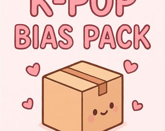 May include: A light pink graphic illustration featuring the text K-POP BIAS PACK in bold pink letters. Below the text is a tan cardboard box with a cute smiling face, rosy cheeks, and a brown tape strip, surrounded by four small pink hearts.