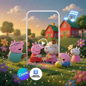 Animated Peppa Pig Video Invite Girl Kids Birthday Invitation Muddy Puddles Suzy Sheep Fun Party Editable Canva Template Instant Download