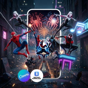 Pode incluir: Um gráfico digital apresentando vários personagens do Homem-Aranha em diversas poses contra um horizonte da cidade com fogos de artifício. A imagem está emoldurada por um contorno de smartphone e inclui um ícone de play, logo Canva e download.