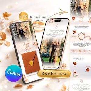 Terracotta digital wedding invitation and website featuring trackable online RSVP, music, a countdown, and an envelope editable in Canva.