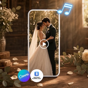 Pode incluir: Um smartphone branco exibindo um vídeo de casamento de um casal em trajes formais, com um ícone de nota musical azul brilhante, um botão de reprodução branco, um logotipo circular do Canva e um ícone azul de download instantâneo com texto.
