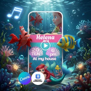 Pode incluir: Uma tela de smartphone exibe um convite digital com tema subaquático apresentando um caranguejo vermelho, um peixe amarelo e azul e uma sereia. O texto diz Helena is 4, 20 TEN, 6 pm e At my house. Um ícone de play está centralizado.