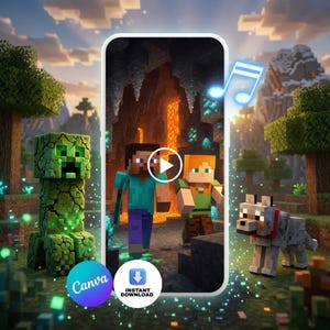 Animated Minecrafter Video Invite Boy Kids Birthday Invitation Pixel Block Gamer Adventure Party Editable Canva Template Instant Download