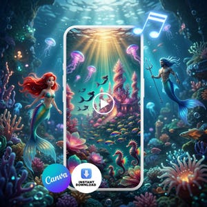 May include: A smartphone displaying an underwater scene with a mermaid, a merman holding a trident, jellyfish, and a coral castle. The screen features a play button icon, a musical note symbol, and a Canva logo with an instant download button.