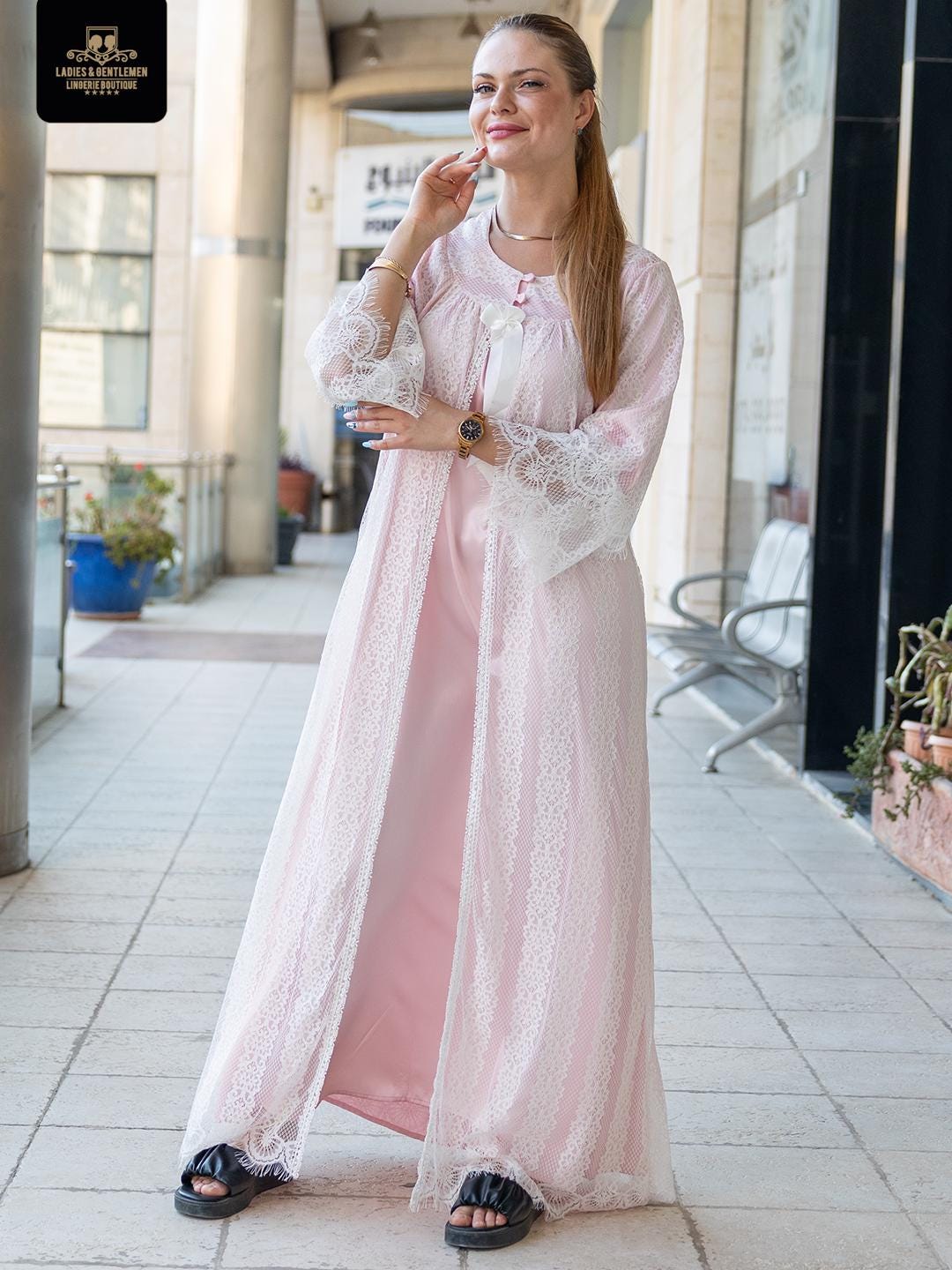 Ye Robe Maternity Set Gown and Robe One Piece Satin Silk 2 Color Available Pink ...