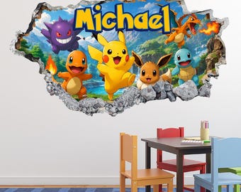 Sticker mural personnalisé avec personnage de dessin animé et prénom, décoration murale colorée pour chambre d'enfant, décoration pour salle de jeux ou chambre d'enfant.