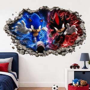 May include: A wall decal featuring Sonic the Hedgehog and Shadow the Hedgehog bursting through a cracked stone wall. Sonic is surrounded by blue lightning energy, while Shadow is surrounded by red lightning energy, creating a dynamic effect.