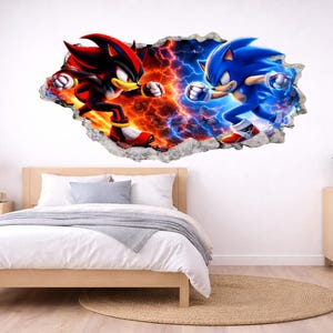 May include: A wall decal featuring Sonic the Hedgehog and Shadow the Hedgehog in a dynamic pose, bursting through a faux wall. Sonic is blue, Shadow is black and red, with a fiery and electric background. The decal is displayed in a bedroom.
