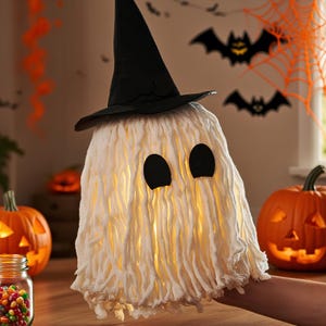 Decoraciones de fantasmas de Halloween: fantasmas de expresión DIY, fantasmas con cabeza de trapeador, fantasmas blancos adorables, decoraciones acogedoras de fantasmas, arreglos navideños de fantasmas