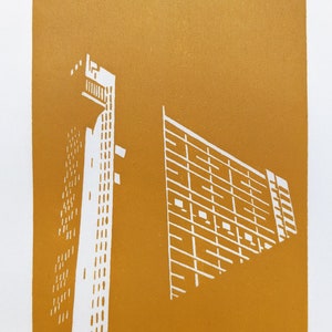 Trellick Tower Sienna Yellow Handprinted / Hand pulled Linocut Edition of 25 image 1