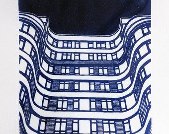 Florin Court, Charterhouse Square, London (Blue)- Handprinted / Hand pulled Linocut - Edition of 25