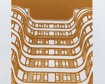 Florin Court, Charterhouse Square, London (Sienna Yellow) - Handprinted / Hand pulled Linocut - Edition of 25