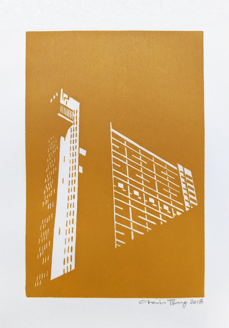 Trellick Tower Sienna Yellow Handprinted / Hand pulled Linocut Edition of 25 image 1