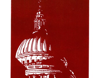 St Paul's Cathedral, London (Red) - Handprinted / Hand pulled Linocut - Edition of 25