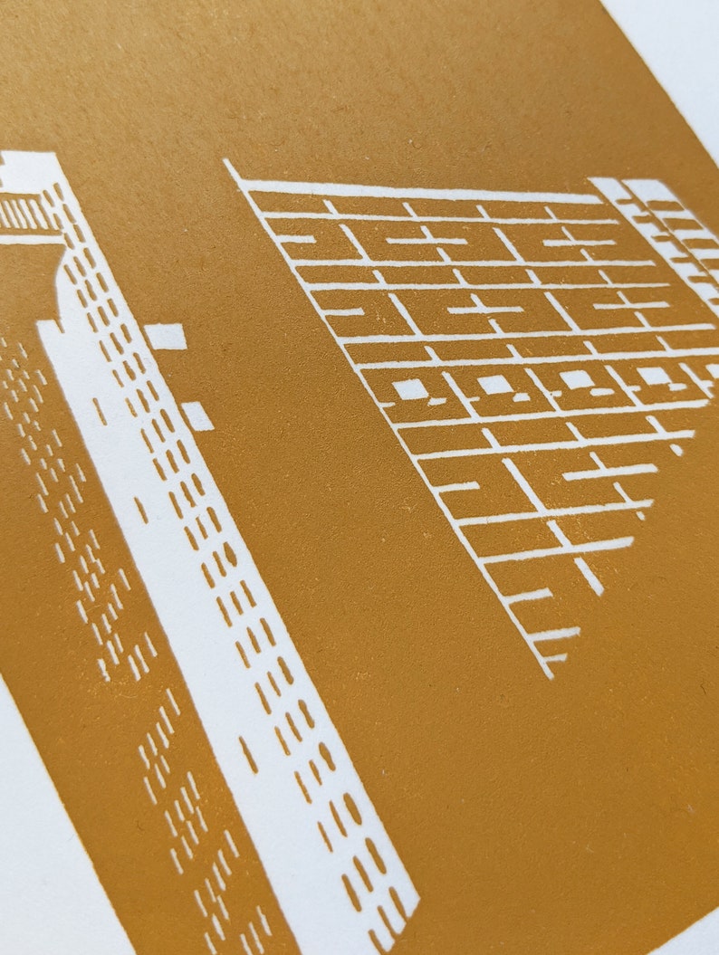 Trellick Tower Sienna Yellow Handprinted / Hand pulled Linocut Edition of 25 image 2