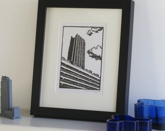Barbican London,  view of Defoe House and Shakespeare Tower - Handprinted / Hand pulled  Linocut