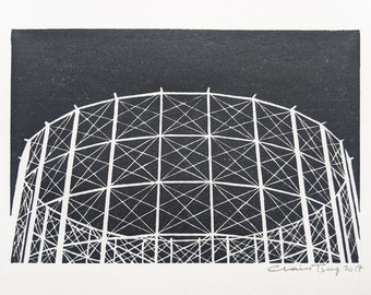 Gasworks / Gasometer / Gas holder (Grey) -  Handprinted / Hand pulled Linocut - Edition of 25