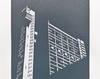 May include: A black and white linocut print of two buildings. The taller building is on the left and the shorter building is on the right. The print is signed "Charing Tsang 2017".