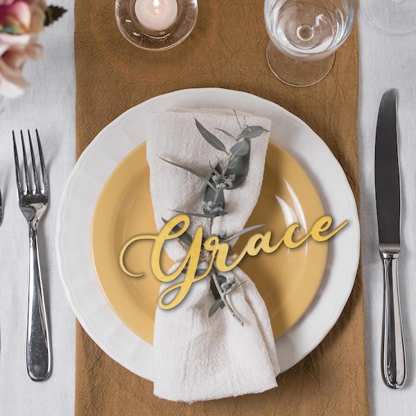 Gold Wedding Place Cards: Laser Cut Wood Name Tags