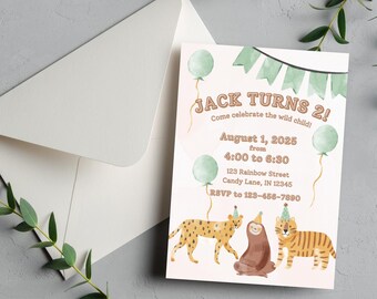 Jungle Wild Child Theme Customizable Birthday Invitation - Editable Canva Template | Instant Download