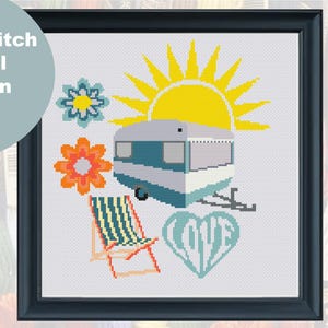 KREUZSTICH STICKVORLAGE - digitaler Download. Modernes Design mit Wohnwagen, Liegestuhl, Liebesherz, Retroblumen und Sonne. 14 Graf mit Farben.