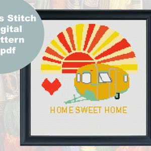 KREUZSTICH STICKVORLAGE Anleitung zum sofortigen Download pdf. Home sweet home Text. Retrodesign mit Wohnwagen-, Herz- und Sonnenmotiven. Fadenzahl-Farbtabelle.