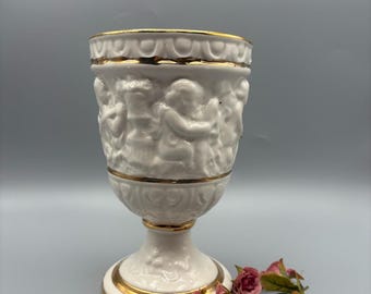 Vintage Italian Cherub Vase Rococo style Porcelain Gold Accents Ornate Baroque AngelPutti