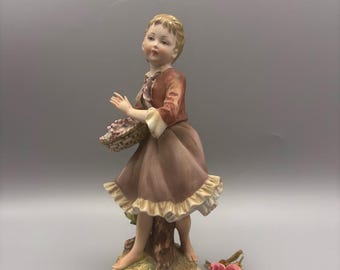 Vintage Bisque Porcelain Figurine: Young Girl with Grapes Basket, Victorian Cottagecore Decor