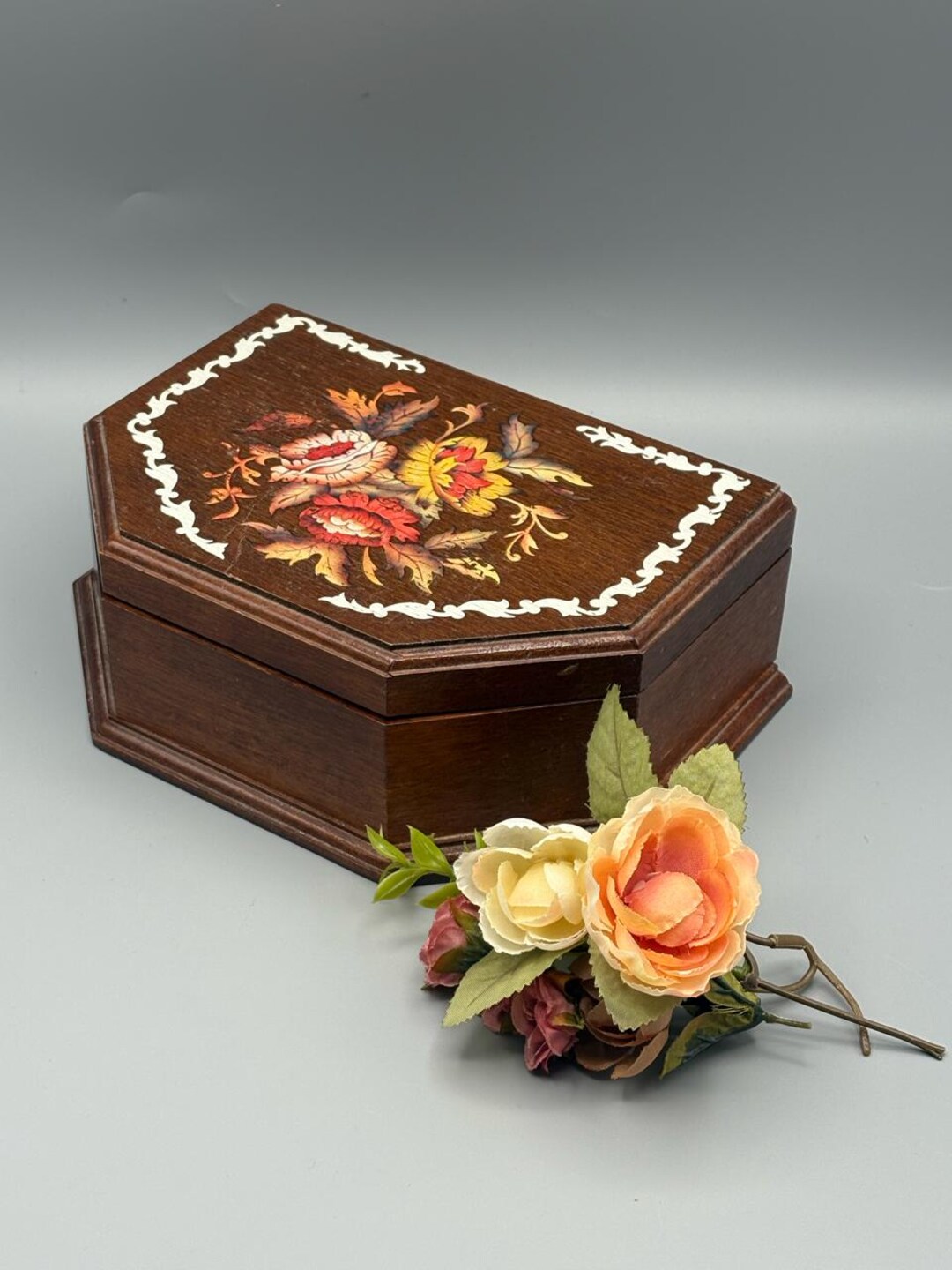 Vintage Wooden Jewelry Box Hand Painted Floral Inlay # Gift for Her ...