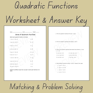 Könnte beinhalten: Ein Arbeitsblatt mit dem Titel "Quadratic Functions Worksheet & Answer Key" mit Zuordnungs- und Problemlösungsaufgaben. Das Arbeitsblatt enthält Aufgaben zu den Nullstellen quadratischer Funktionen. Der Hintergrund ist hellbeige.