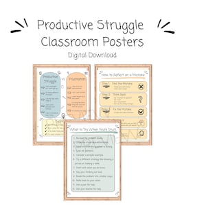 Puede incluir: Tres carteles para el aula con marco de madera clara. Los carteles tienen títulos como "Productive Struggle" y "How to Reflect on a Mistake". Los carteles están diseñados para ayudar a los estudiantes con la resolución de problemas y la autorreflexión.