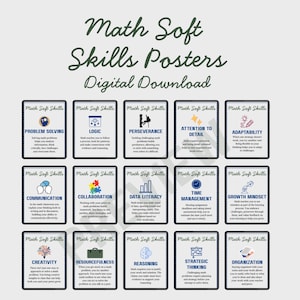 Matematiska mjuka färdigheter för framtida karriärer, 15 utskrivbara affischer, digital nedladdning för matematikklassrum för mellanstadiet och gymnasiet, klassrumsdekor