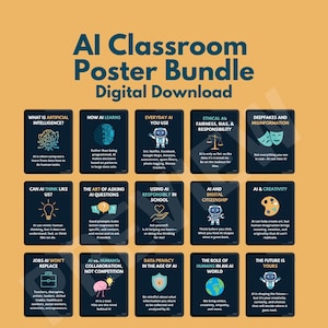 Può includere: Un pacchetto di poster scaricabili digitalmente per la classe di IA. Il set di poster presenta argomenti educativi come l'intelligenza artificiale, la privacy dei dati e il futuro dell'IA. I poster hanno una combinazione di colori verde acqua e oro.