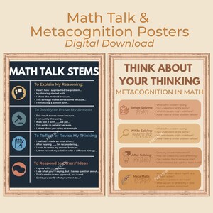 Puede incluir: Dos carteles enmarcados con texto sobre conversación matemática y metacognición. El cartel de la izquierda se titula "Math Talk Stems" y el de la derecha "Think About Your Thinking". Ambos carteles tienen un fondo marrón claro y están en un marco de madera.