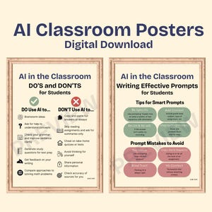 Könnte beinhalten: Zwei gerahmte Klassenzimmerposter mit dem Text: "AI Classroom Posters Digital Download." Die Poster tragen die Titel "AI in the Classroom" und bieten "DO'S and DON'TS" und "Writing Effective Prompts" für Schüler. Die Poster sind beige mit braunen Rahmen.