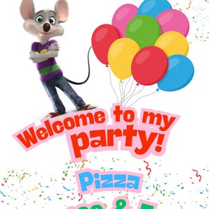 May include: A cartoon mouse character with crossed arms, wearing a purple and green striped shirt and jeans, stands next to a bunch of colorful balloons. The words "Welcome to my party!" and "Pizza Games & Fun!!" are displayed.