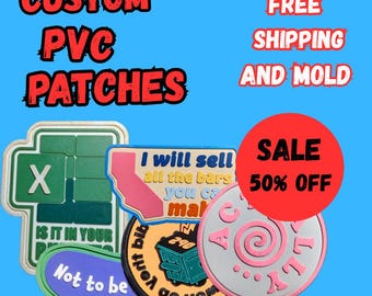 May include: A selection of custom PVC patches in diverse shapes and colours, including a green Excel-themed patch, a pink California-shaped patch, and a round patch with a spiral design. The image also includes text that says "CUSTOM PVC PATCHES" and "SALE 50% OFF".