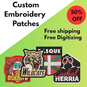 Può includere: Immagine di toppe ricamate personalizzate con vari disegni, tra cui un felino e una bandiera. Il testo include "Custom Embroidery Patches", "50% OFF" e "Free Digitizing."