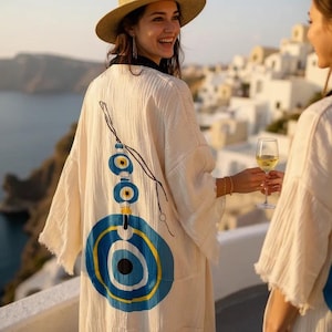 Handmade Evil Eye Muslin Kimono, Soft Cotton Dressing Gown, , Organic Cotton Bathrobe, Yoga Robe, Boho Festival Robe