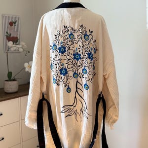 Handmade Evil Eye Muslin Kimono, Soft Cotton Dressing Gown, , Organic Cotton Bathrobe, Yoga Robe, Boho Festival Robe