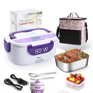 以下が含まれることがあります： 白と紫のデザインの電気ランチボックス、花柄の断熱ランチバッグ、食べ物が入ったステンレス製の容器、折りたたみ式のカップ、小さなフルーツ容器。 「The electric Lunch box」と書かれた箱が含まれています。
