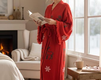 Peignoir De Noël Pour Femme - Motif Renne Et Fraise - En Peluche