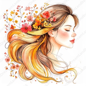 Watercolor Woman Face Clipart – 12 Emotional Floral Faces – Digital JPG for Scrapbooking & Journaling
