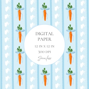 Könnte beinhalten: Digitales Papier mit einem sich wiederholenden Muster aus orangefarbenen Karotten, die mit blauen Bändern und grünen Spitzen gebunden sind, vor einem hellblau gestreiften Hintergrund mit weißen Kaninchensilhouetten. Der Text in der Mitte lautet "DIGITAL PAPER 12 IN X 12 IN 300 DPI Seamless".