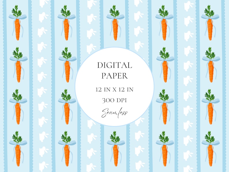Op de afbeelding: Digitaal papier met een herhalend patroon van oranje wortelen vastgebonden met blauwe linten en groene toppen, tegen een lichtblauwe gestreepte achtergrond met witte konijnen silhouetten. De tekst in het midden luidt "DIGITAL PAPER 12 IN X 12 IN 300 DPI Seamless".