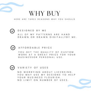 Op de afbeelding: Witte afbeelding met de tekst "WAAROM KOPEN" en drie redenen om te kopen. De redenen zijn "Ontworpen door mij", "Betaalbare prijs" en "Verscheidenheid aan toepassingen". Lichtblauwe lintachtige ontwerpen bevinden zich in de hoeken.